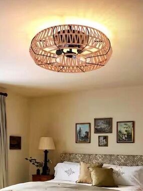 19 in. 4-Light Matte Black Bohemian Flush Mount Ceiling Light with Rattan Shade